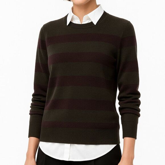 Calvin Klein Women's Sweater Crew Neck Merino Wool Stripe Soft Olive Eggplant L - Picture 11 of 11
